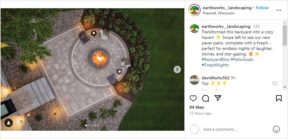 Instagram post showing a transformed cozy backyard with firepit and patio
