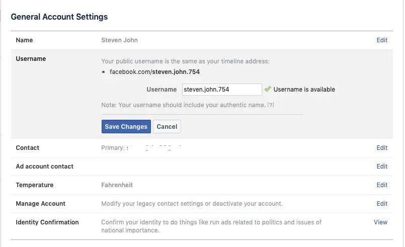 Account settings on Facebook