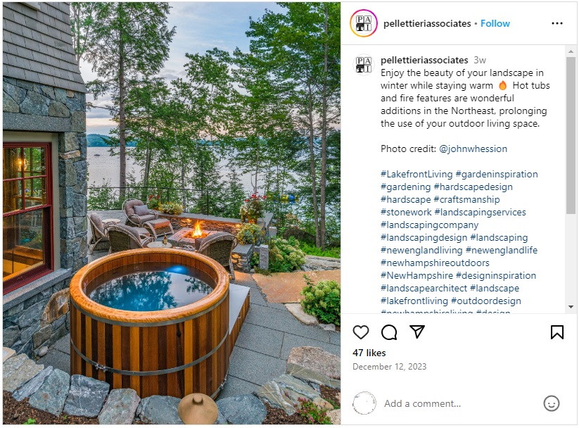 Instagram post showcasing a hot tub and fire feature as additions to your landscape