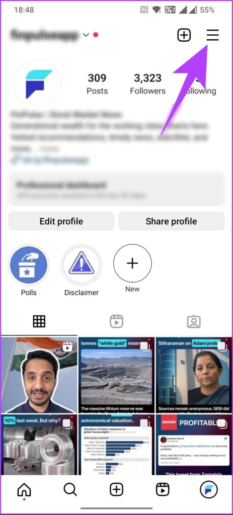Arrow pointing to the hamburger icon on an Instagram profile