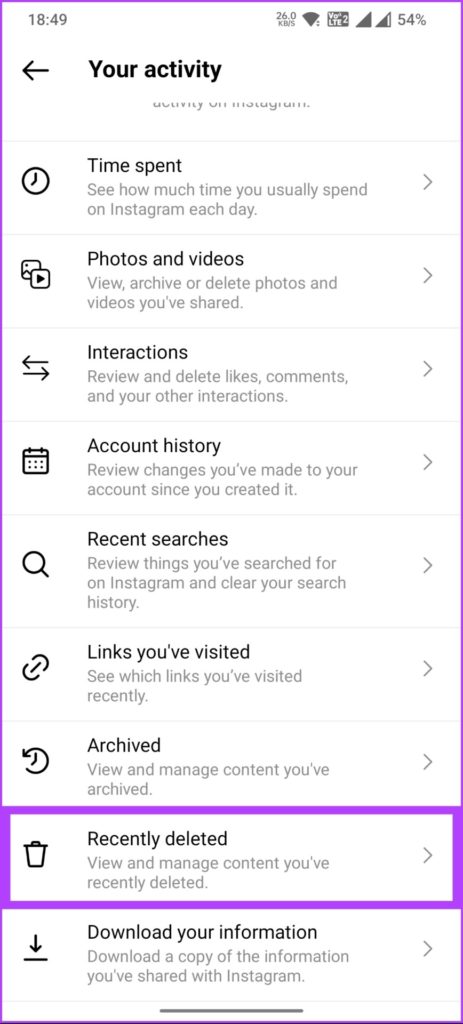 Finding 'Recently deleted' in 'Your Activity' on Instagram