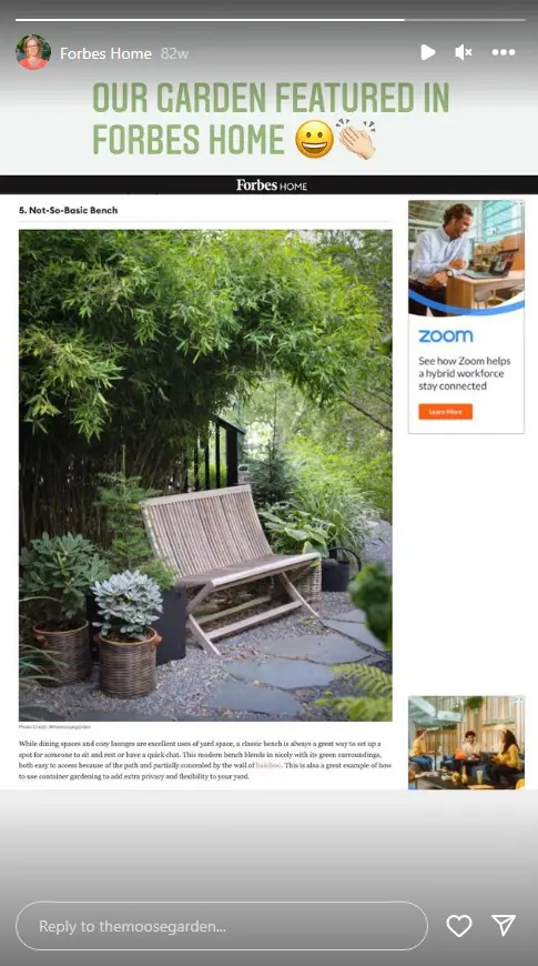 Screenshot of an Instagram story captioned, "Our garden featured in Forbes Home"