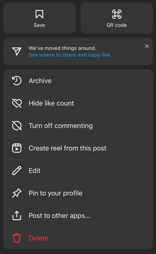Options to edit a post that has been published on Instagram