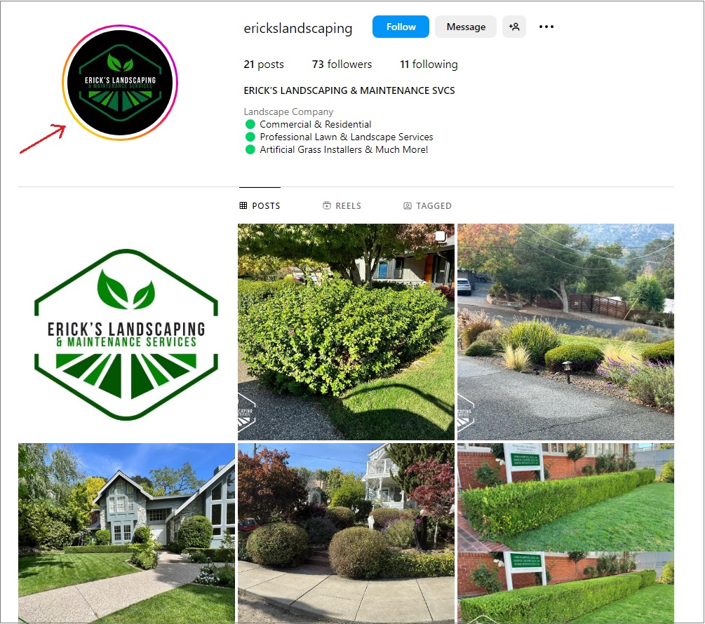 A landscaping page on Instagram highlighting their profile picture