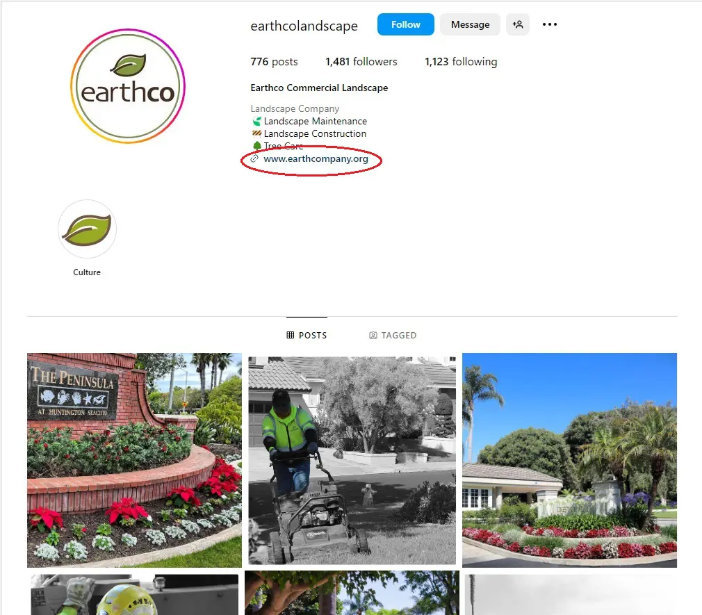 A landscaping business account's link in bio section