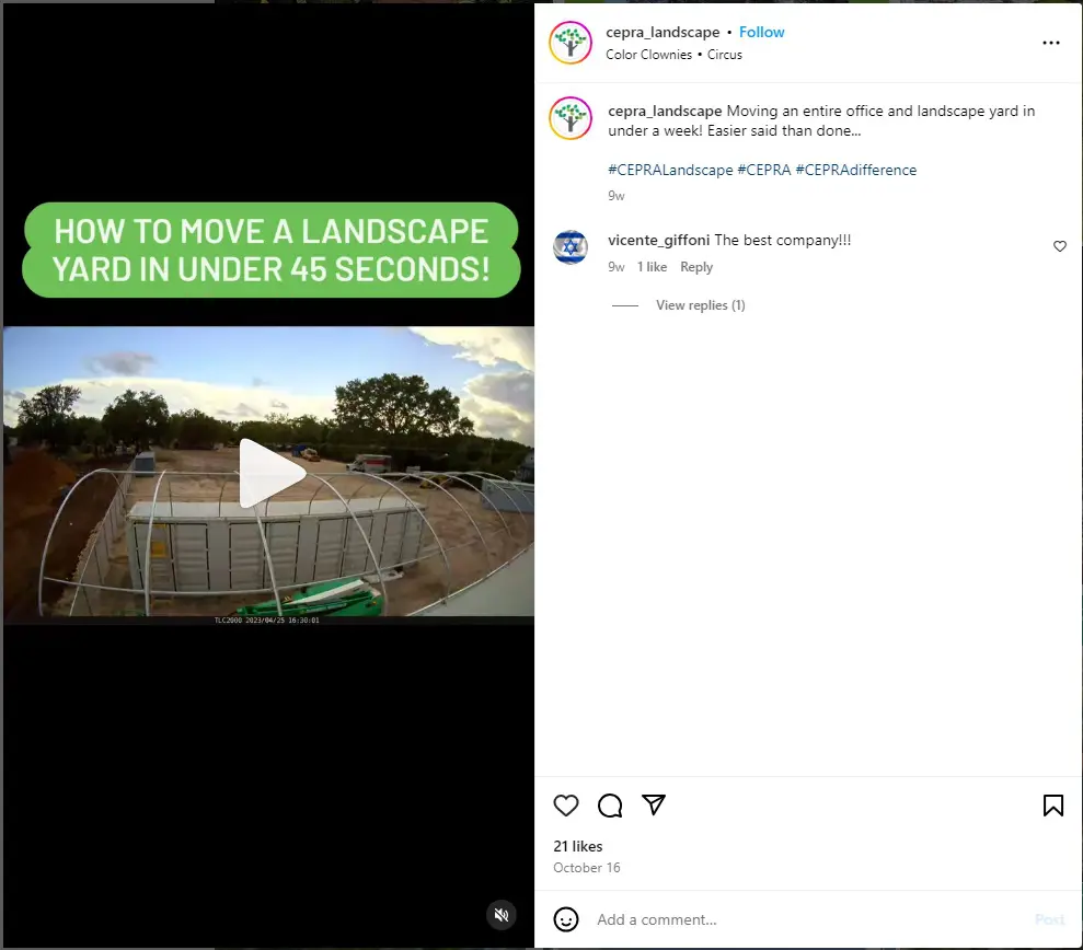 Screenshot of a reel captioned "How to move a landscape yard in under 45 seconds!"
