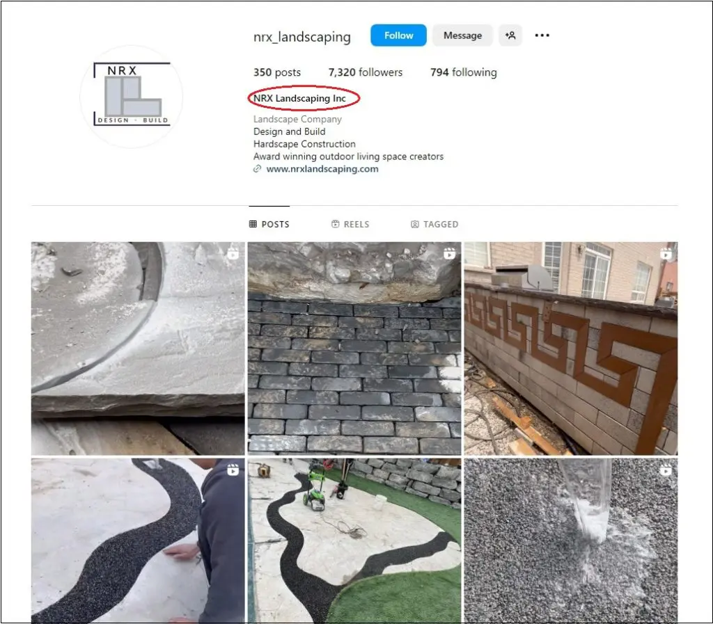 A profile for a landscaping business on Instagram highlighting the name of the account 