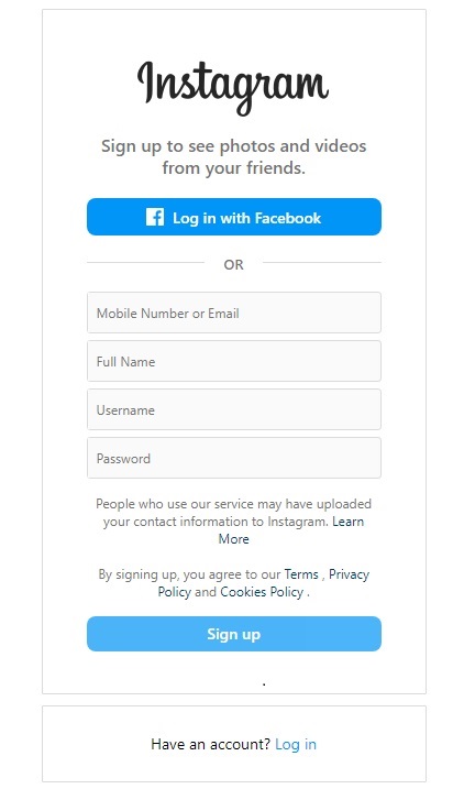 Instagram login page