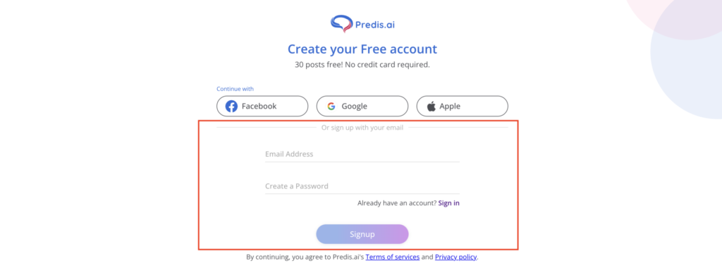 Creating an account on Predis