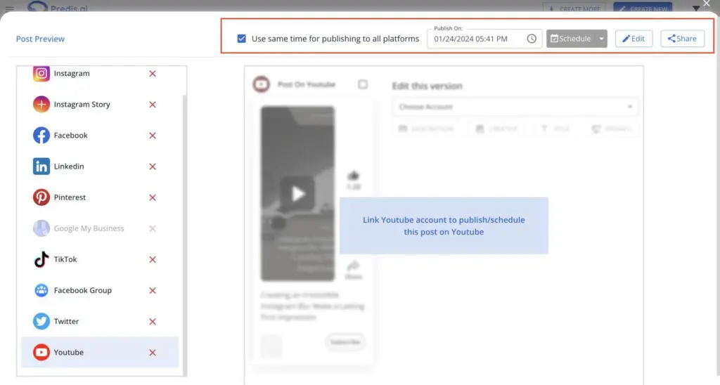 Scheduling a YouTube short from Predis.ai