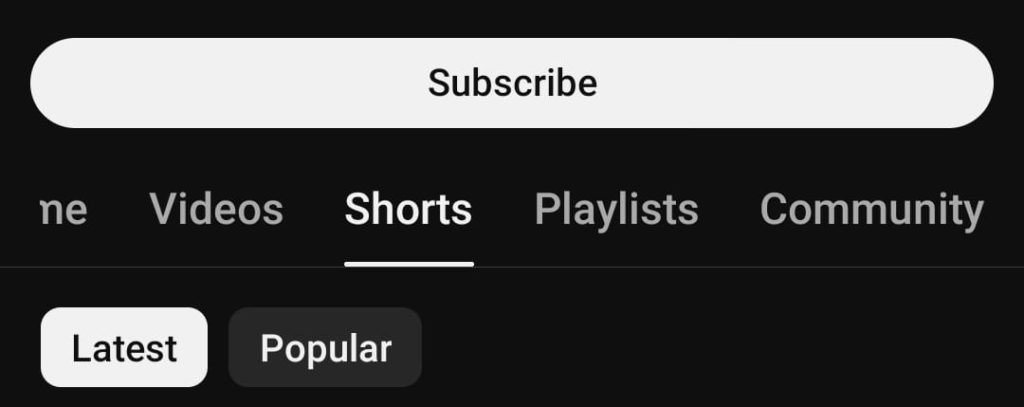 Shorts option on the YouTube app