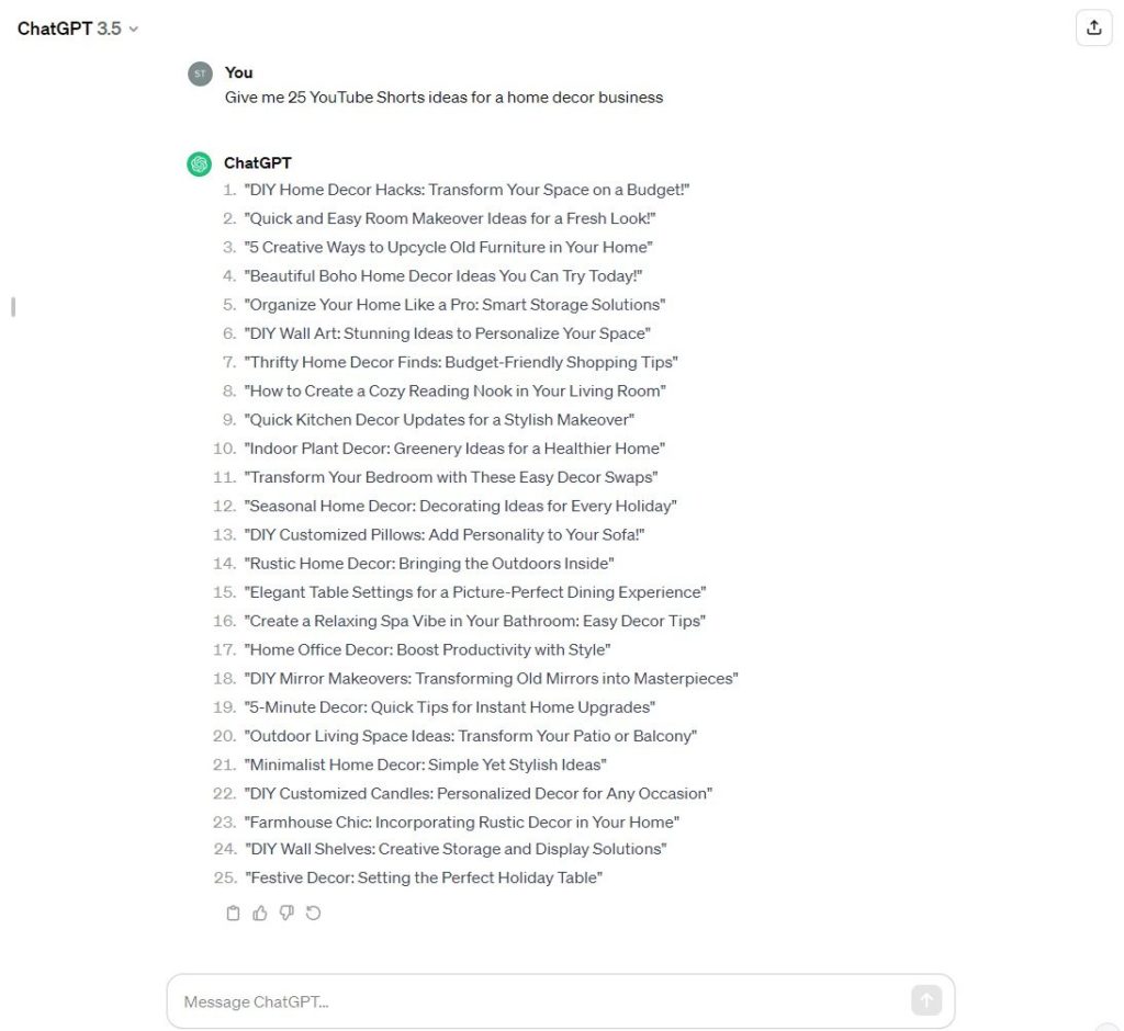 ChatGPT ideas for YouTube shorts for a home decor business