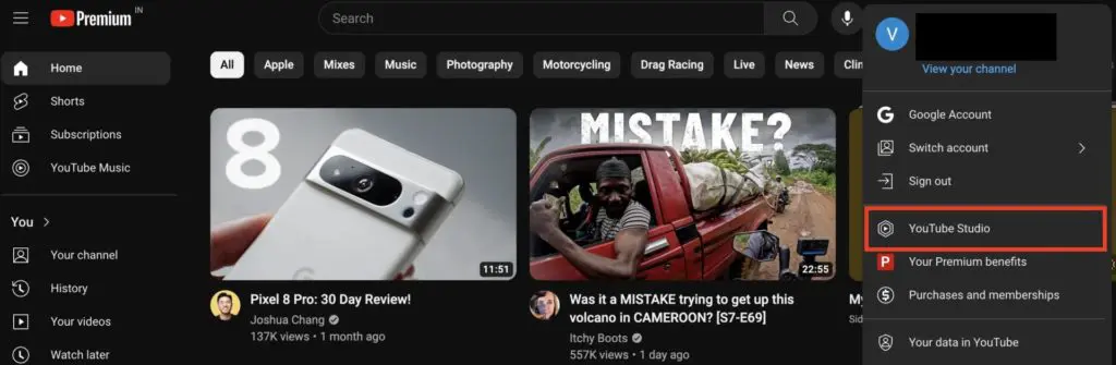 Accessing YouTube studio