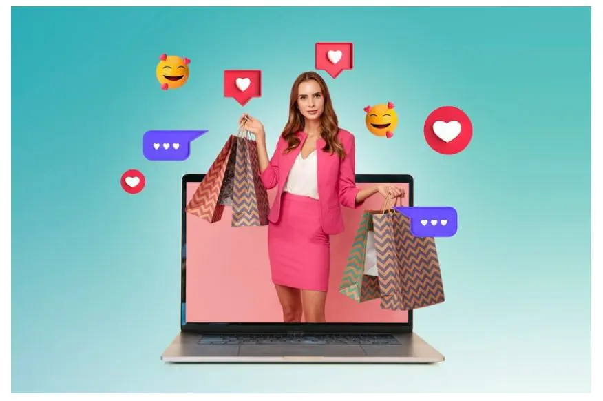 Person in laptop holding shopping bags, surrounded by emojis