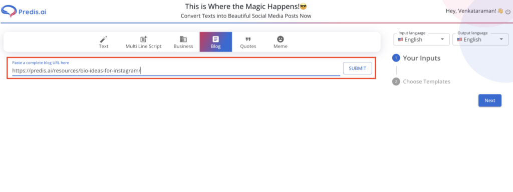 converting a blog to a post on Predis.ai
