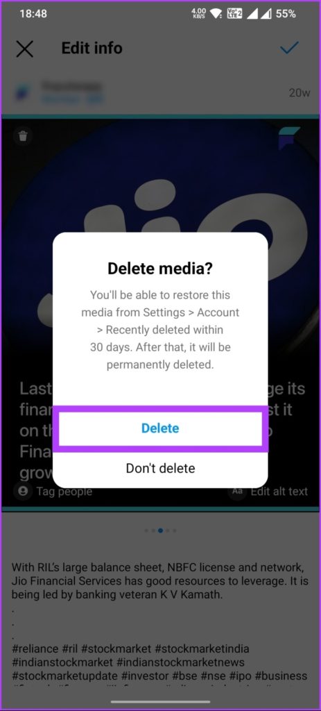 Notification asking to delete media on Instagram