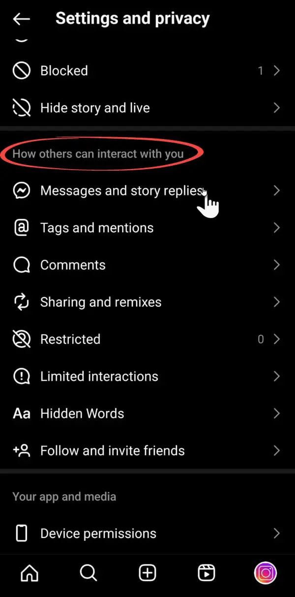 Messages and story replies option in Instagram settings