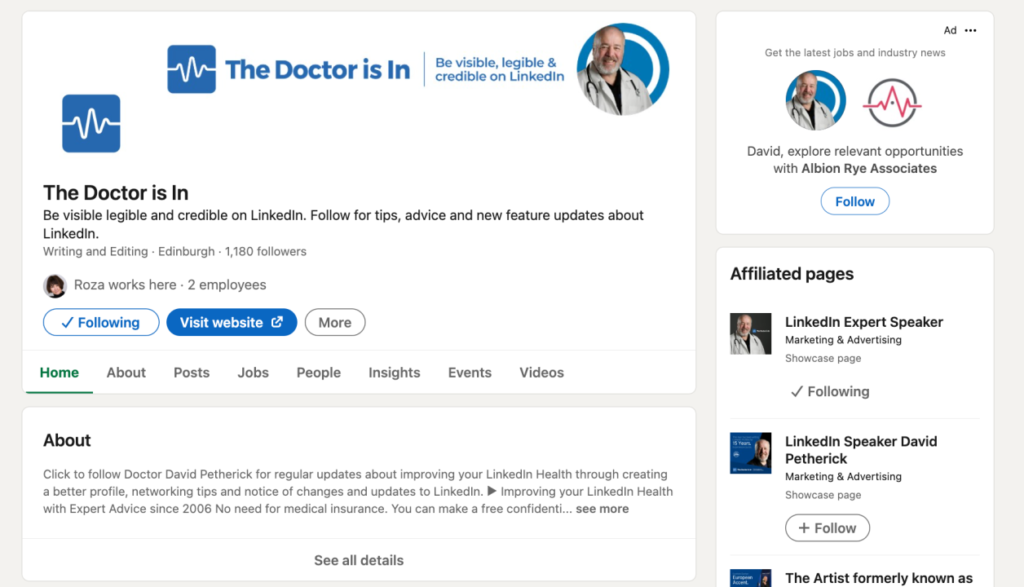 A LinkedIn profile with the username "The Doctor is In"