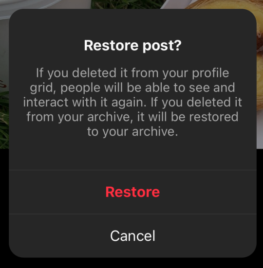 Notification asking to restore a post on Instagram