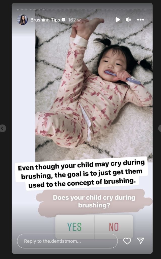 Instagram Story with a poll asking viewers whether their child cries during brushing