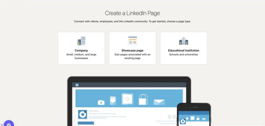 Select type of LinkedIn page