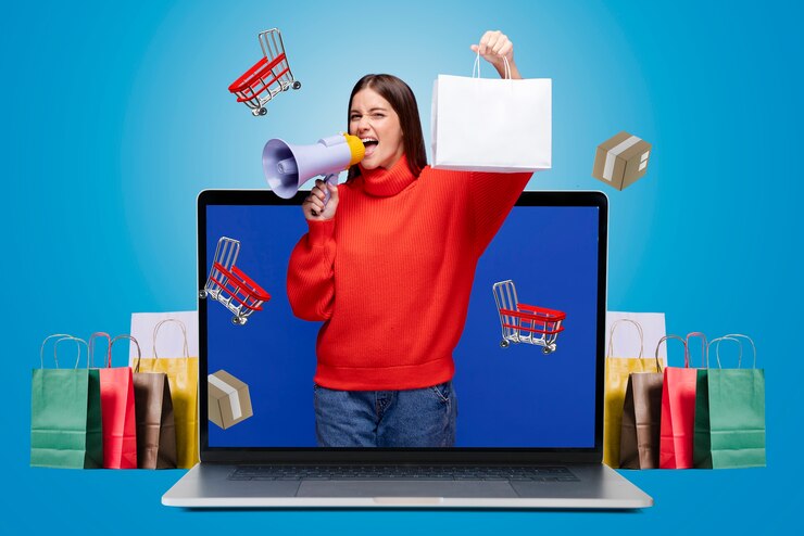 Person holding a bag surrounded by shopping cart illustrations emerging from a laptop screen
