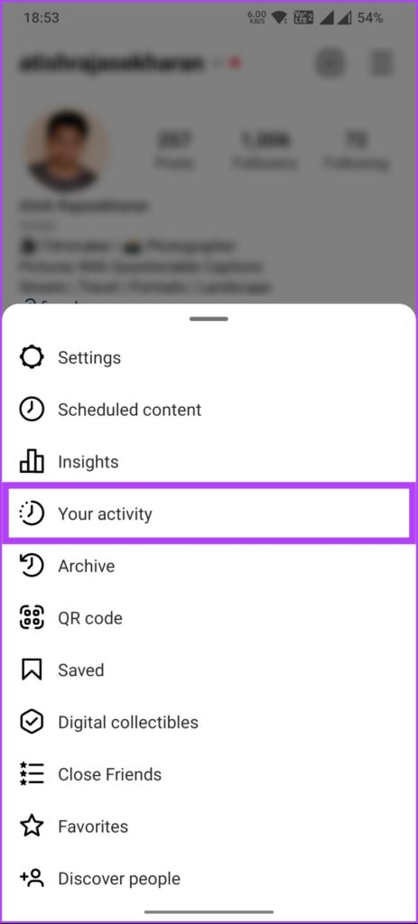 Finding the 'Your Activity' tab on Instagram