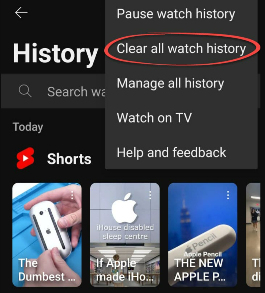 Clear watch history on YouTube