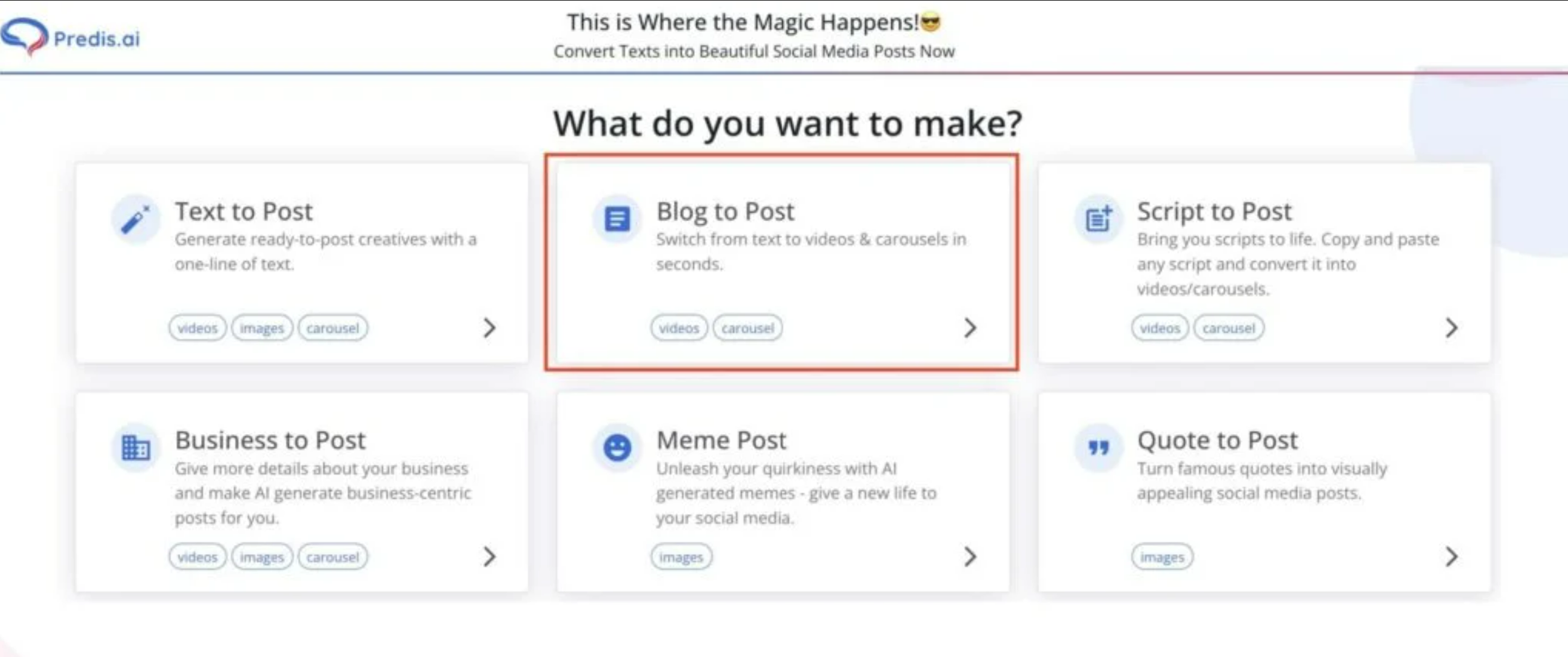 Selecting the 'blog-to-post' option on Predis.ai