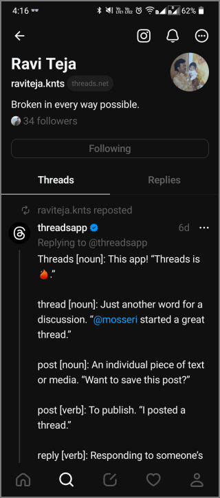 go to users profile page on threads