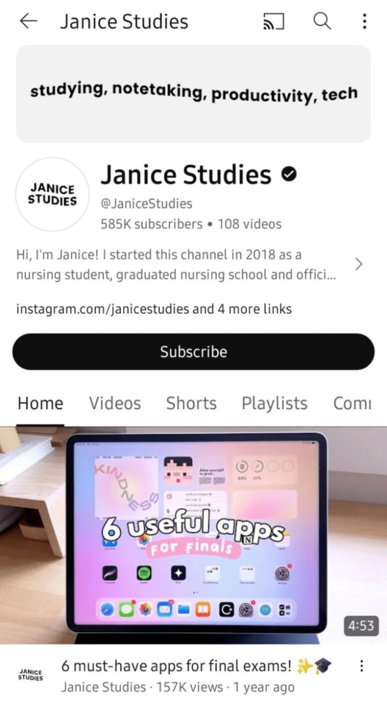 YouTube channel - Janice Studies