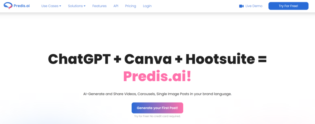 Predis.ai homepage - AI-generated videos and posts in your brand language