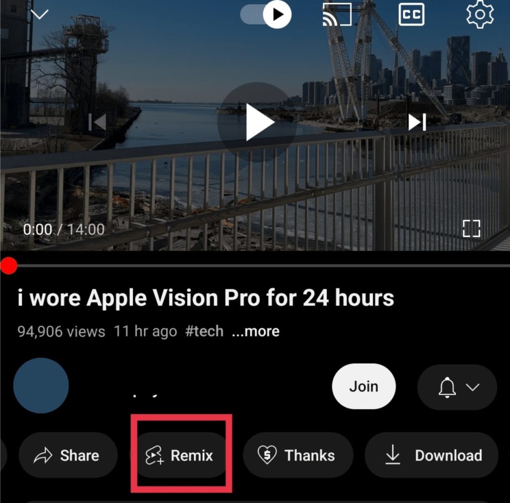 Selecting the 'Remix' option on a YouTube video