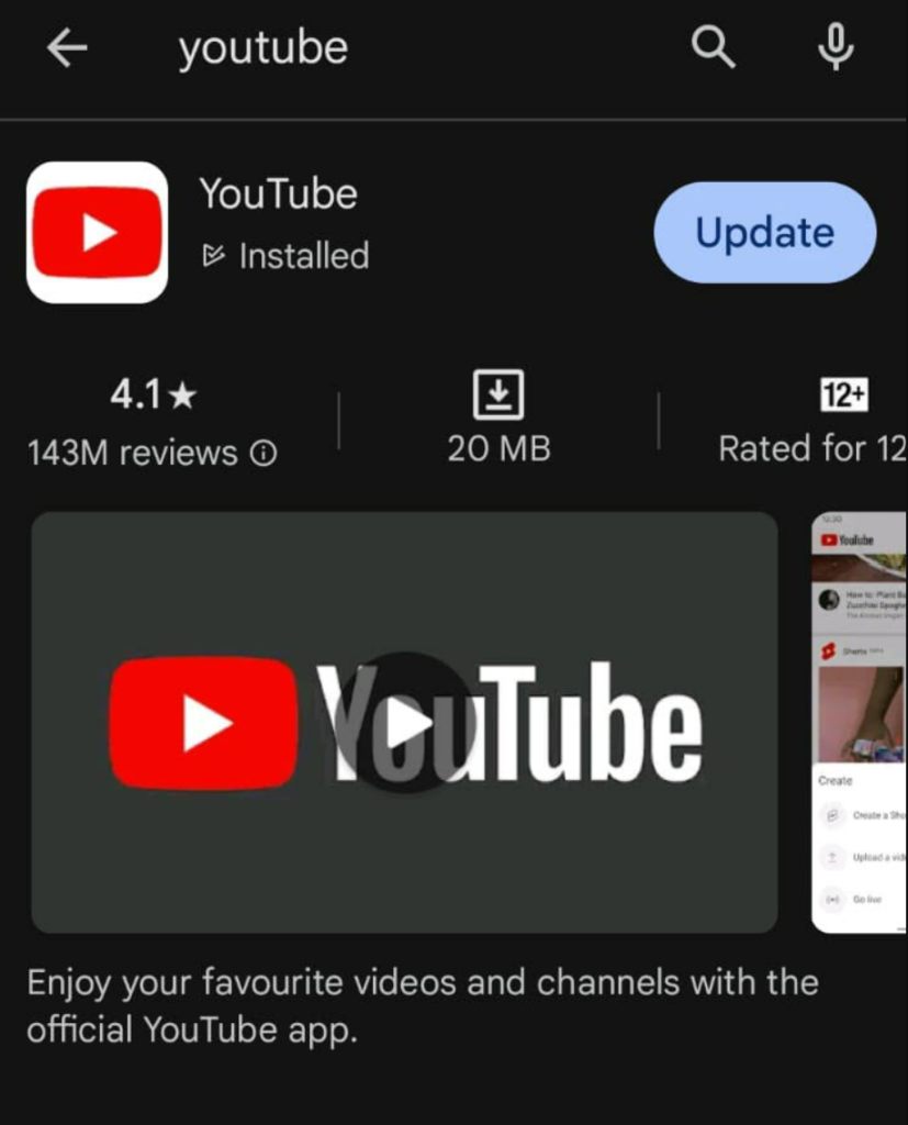 A YouTube alkalmazás frissítése