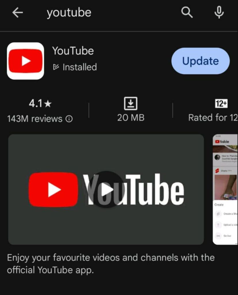 Mise à jour de l'application YouTube