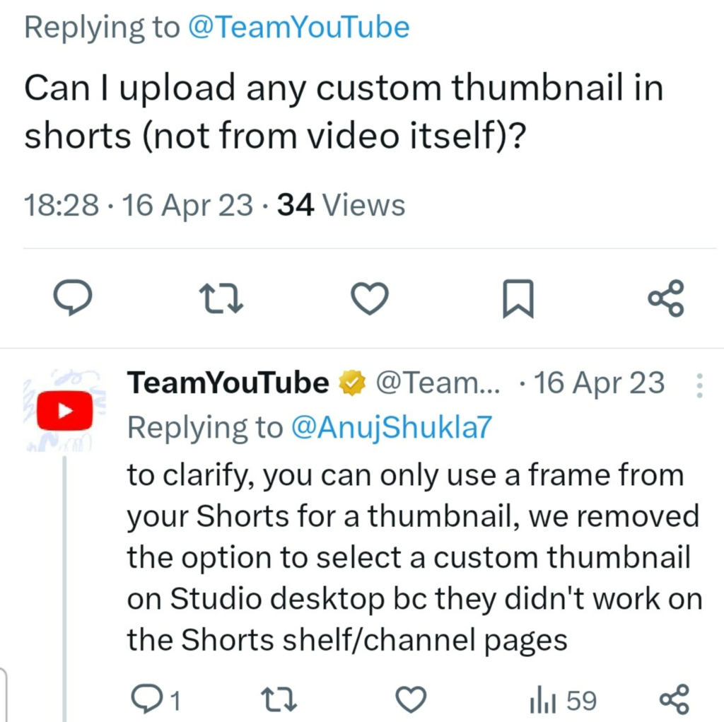 La respuesta de YouTube a la pregunta "¿Puedo subir cualquier miniatura personalizada en cortos (no desde el vídeo en sí)?" en Twitter