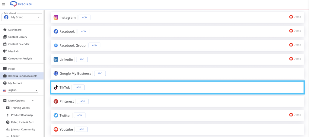 connecting tiktok account to predis.ai