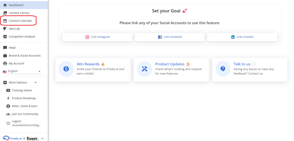 Selecting 'Content Calendar' on the Predis.ai dashboard