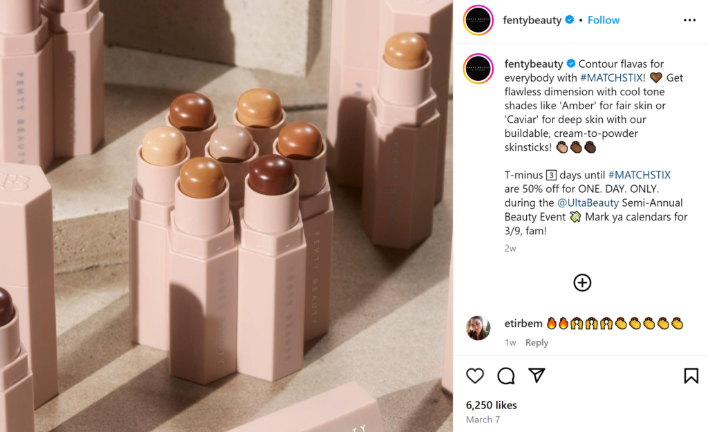 Et billede i høj opløsning af produkter, som Fenty Beauty har lagt ud på Instagram