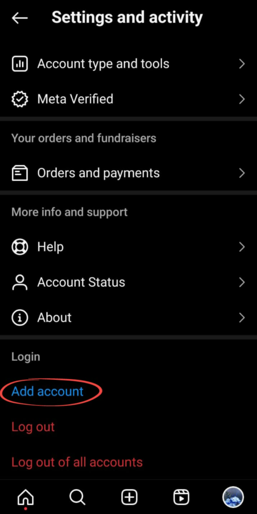 Navigating to the 'Add Account' option in 'Settings and Activity'