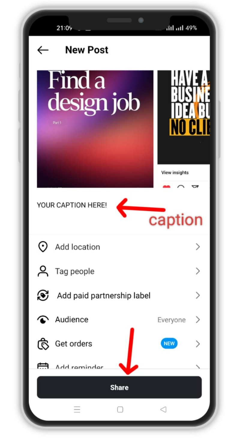 Adding caption and sharing Instagram carousel post