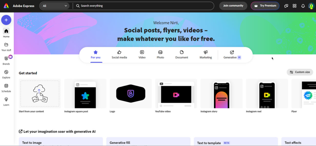 Adobe express home screen