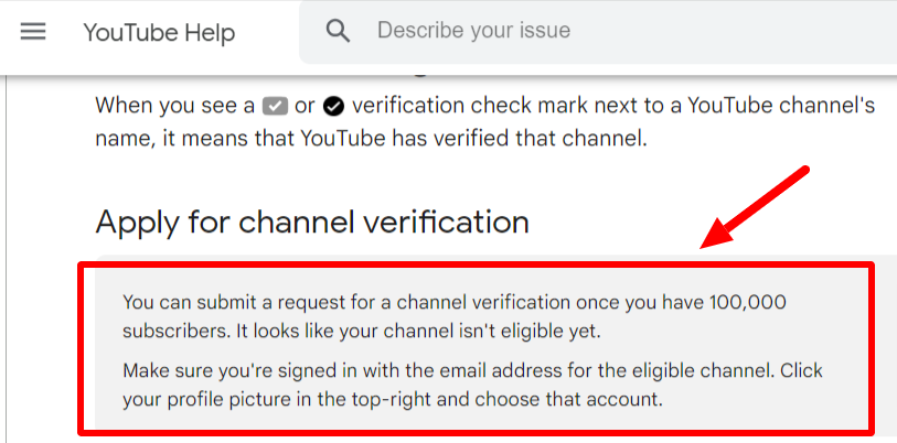 Channel verification instructions for users with less than 100,000 subscribers