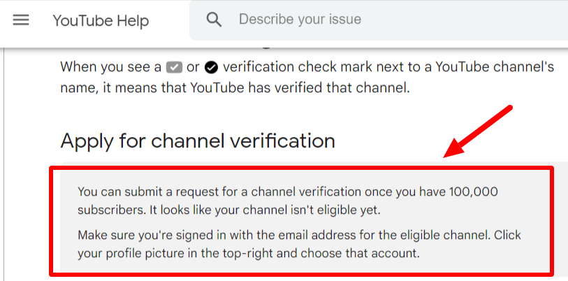 Instruktioner för kanalverifiering för användare med mindre än 100,000 XNUMX prenumeranter