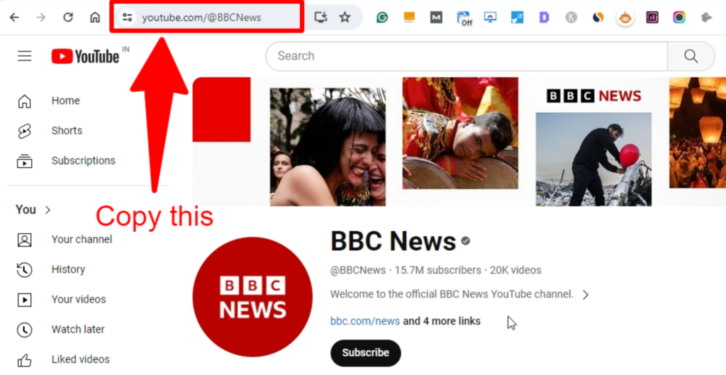Copying a YouTube channel's link 