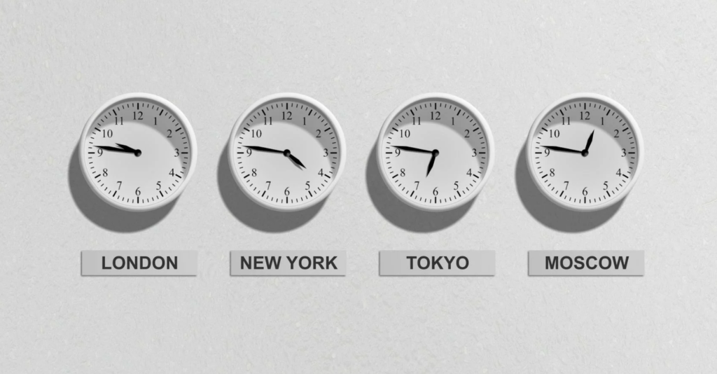 Clocks showing time for London, New York, Tokyo, and Moscow