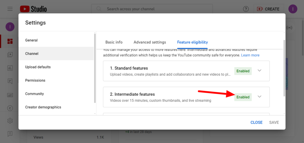 Feature eligibility information in YouTube's channel settings