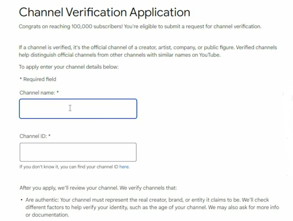 channel verification application form on YouTube