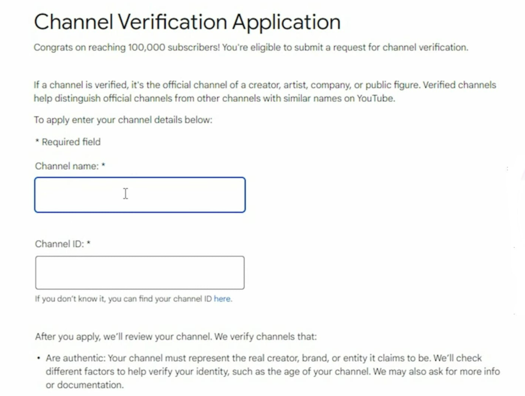 modulo di richiesta di verifica del canale su YouTube