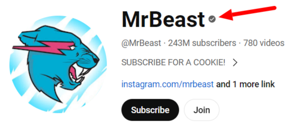 YouTube ellenőrzési pipa a „MrBeast” csatornánál